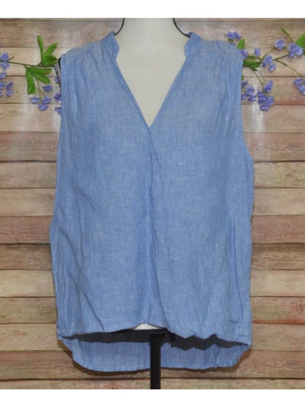 INC Blue Wrap Look 100% Linen Sleeveless Top Size 14 Blue Coastal Beachy Light